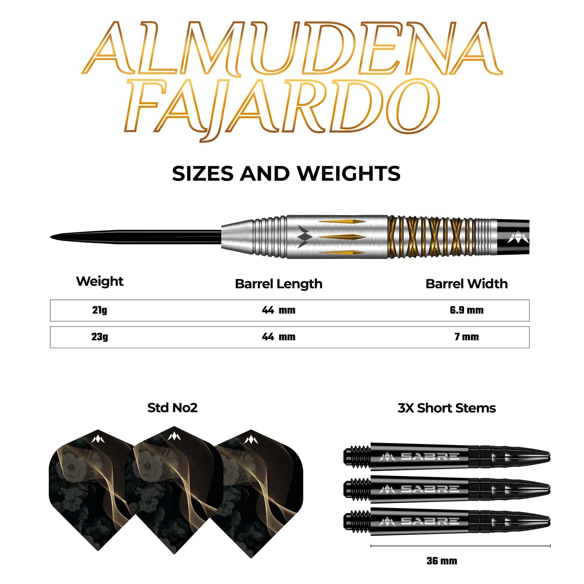 Mission Almudena Fajardo Ayuso Darts - Steel Tip - 95% Tungsten - Gold Pvd Milled Silver