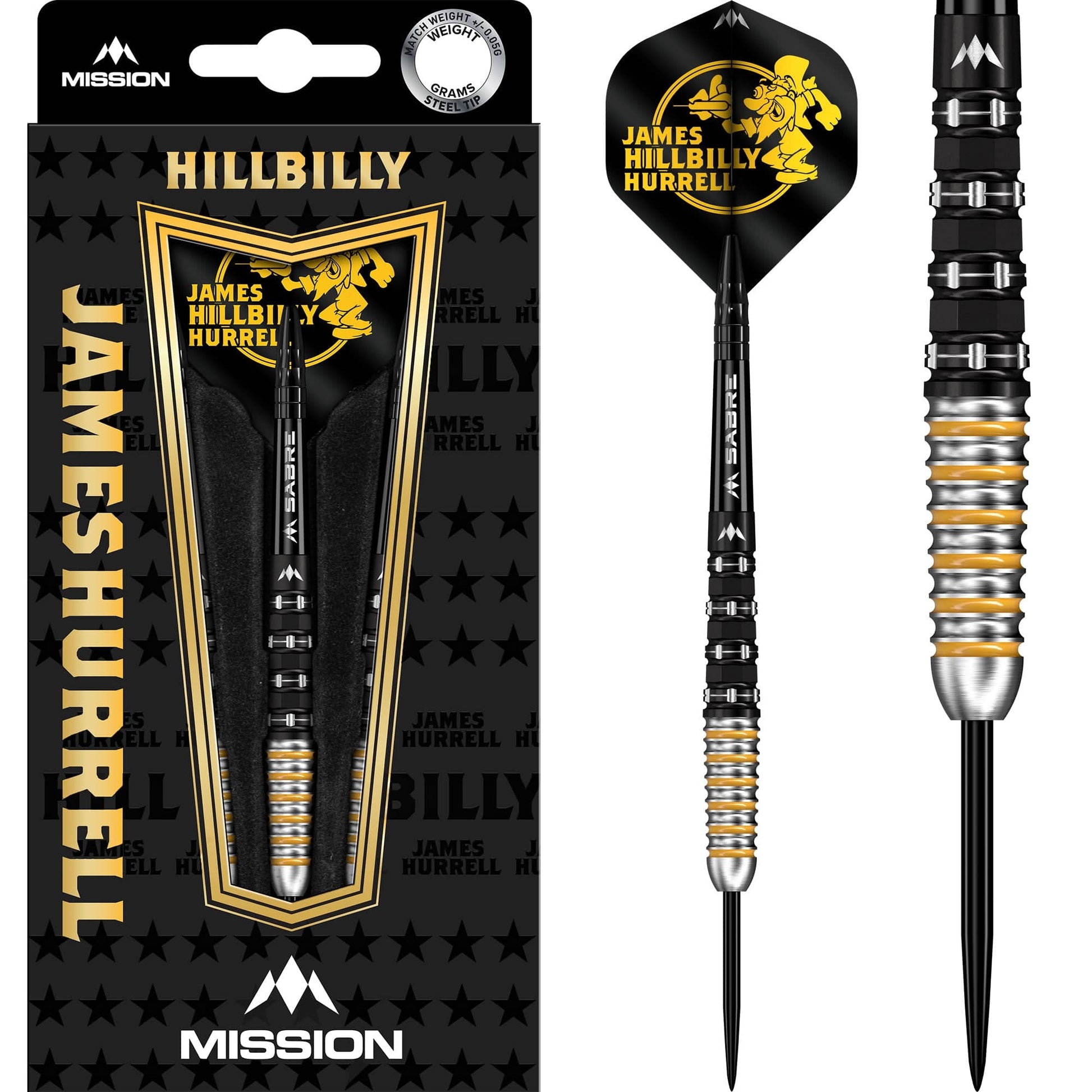 Mission James Hurrell Darts - Steel Tip - 95% Tungsten - V2 - Black Pvd & Yellow