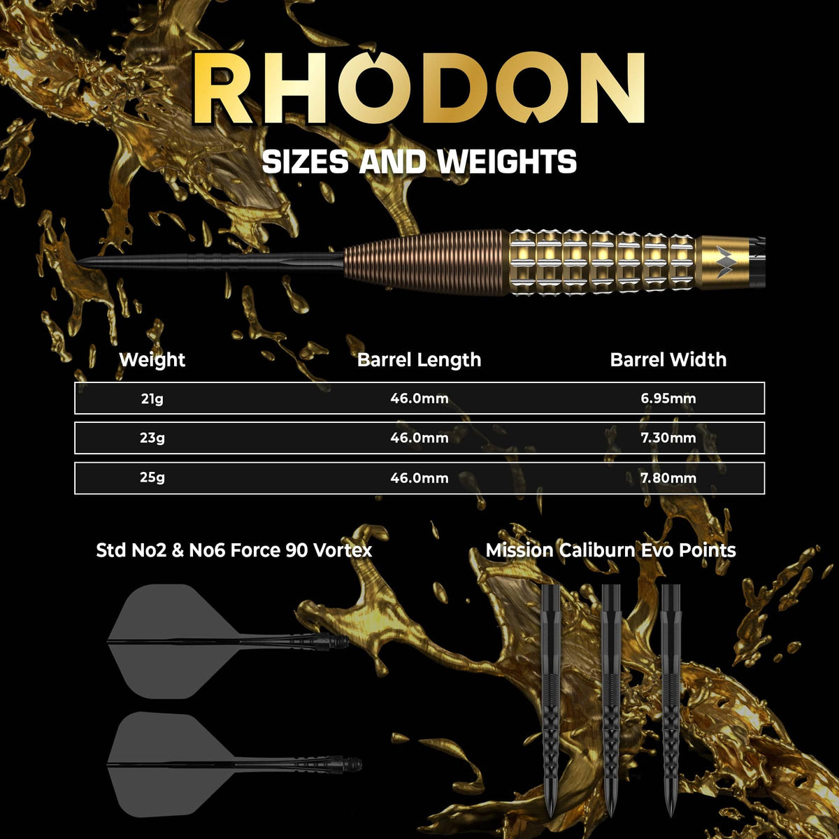 Mission Rhodon Darts Steel Tip - 95% Tungsten - Bronze & Gold Pvd 23 Gram