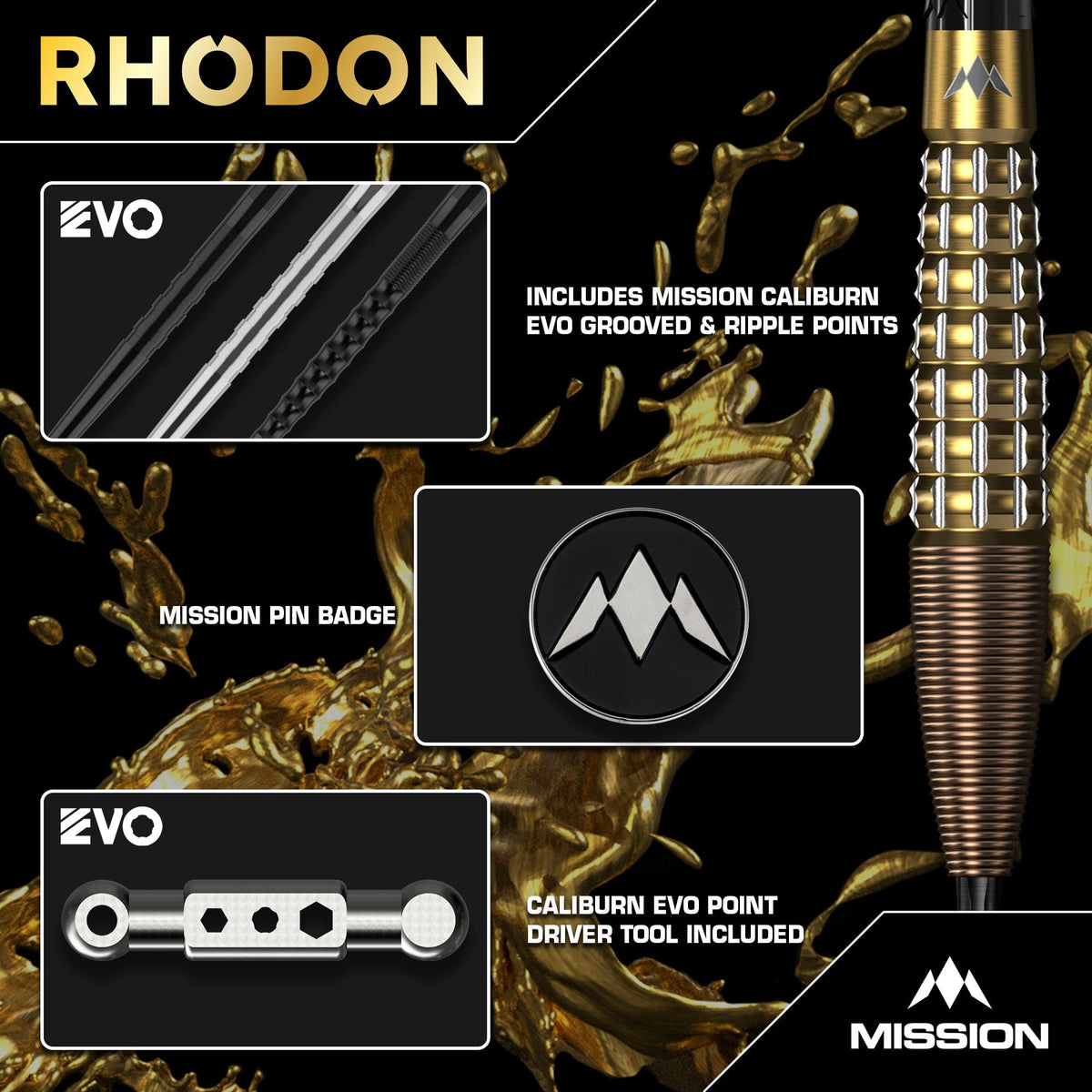 Mission Rhodon Darts Steel Tip - 95% Tungsten - Bronze & Gold Pvd 23 Gram