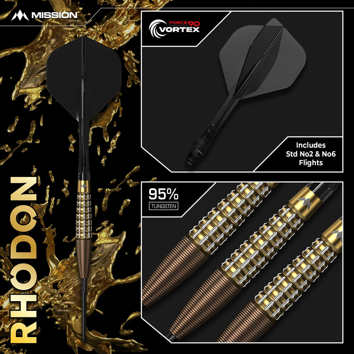 Mission Rhodon Darts Steel Tip - 95% Tungsten - Bronze & Gold Pvd 23 Gram