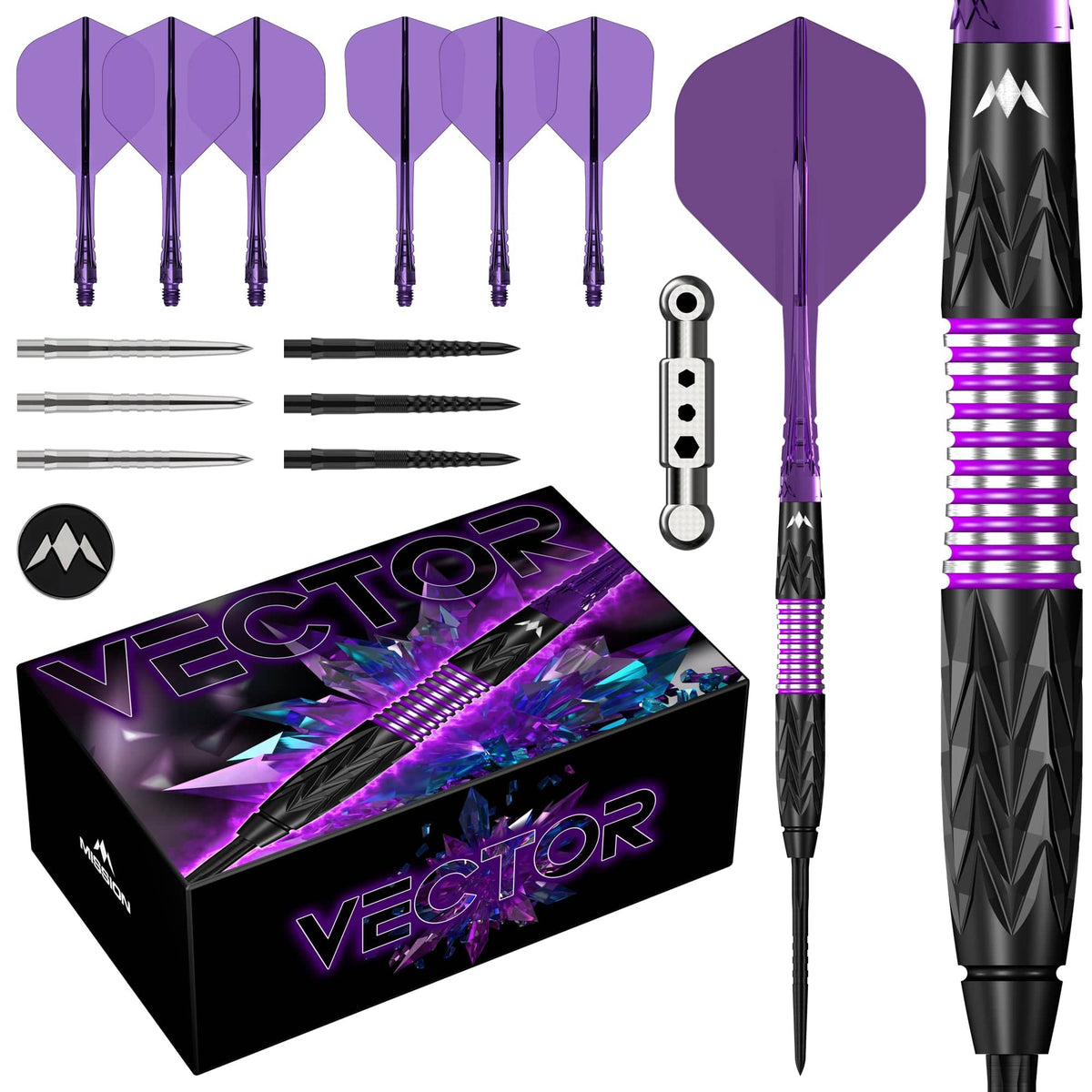 Mission Vector Darts Steel Tip - 95% Tungsten - Black Pvd & Purple Electro 24 Gram