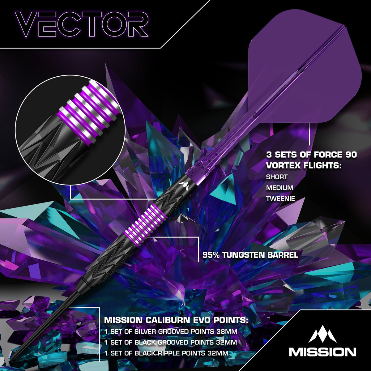 Mission Vector Darts Steel Tip - 95% Tungsten - Black Pvd & Purple Electro 24 Gram