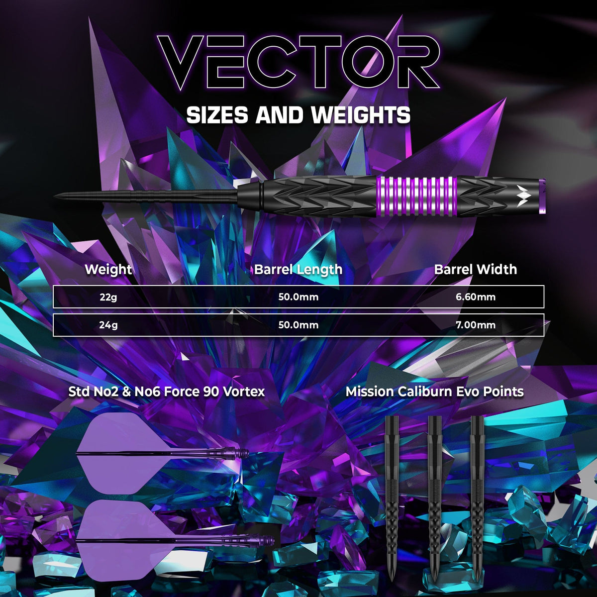 Mission Vector Darts Steel Tip - 95% Tungsten - Black Pvd & Purple Electro 24 Gram