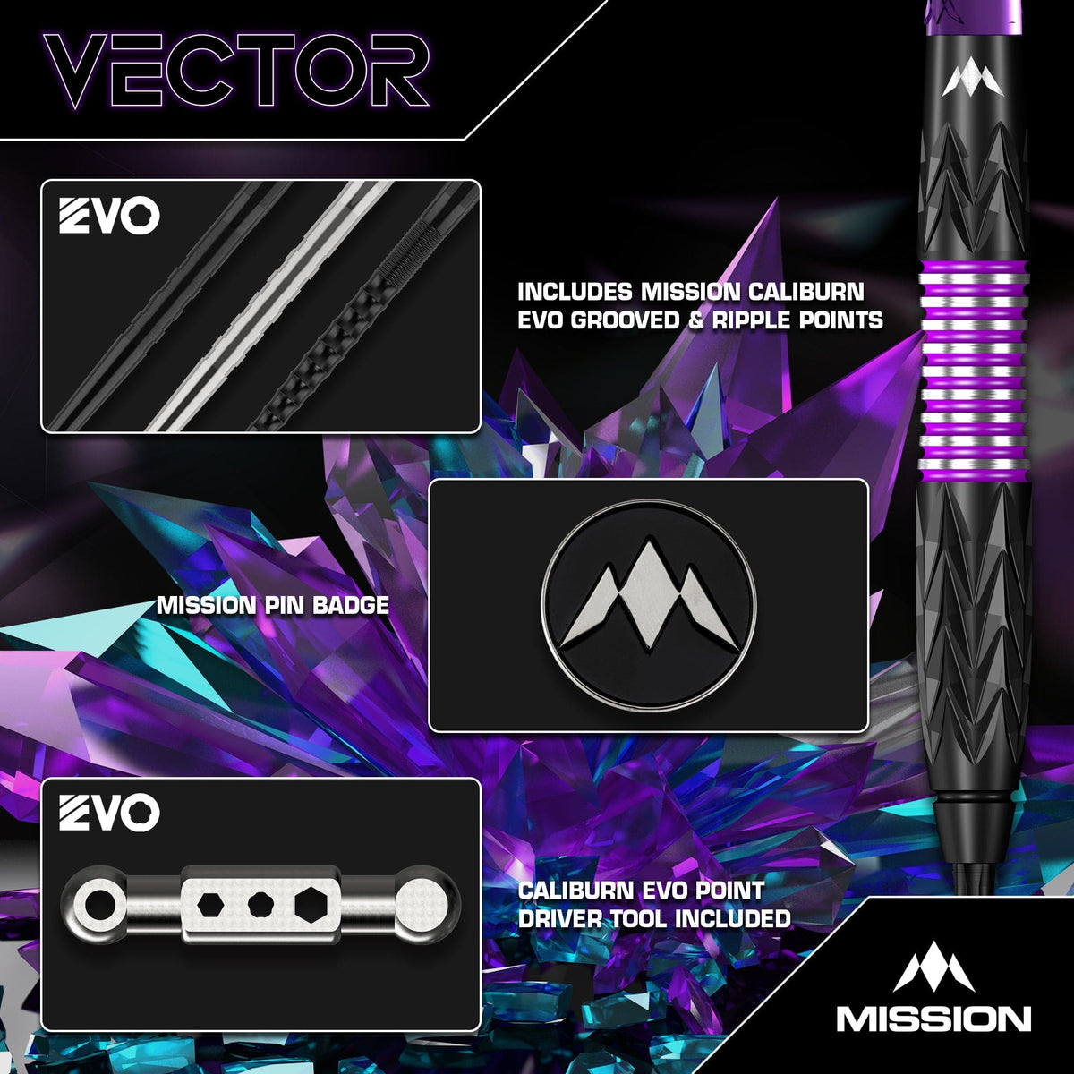Mission Vector Darts Steel Tip - 95% Tungsten - Black Pvd & Purple Electro 24 Gram